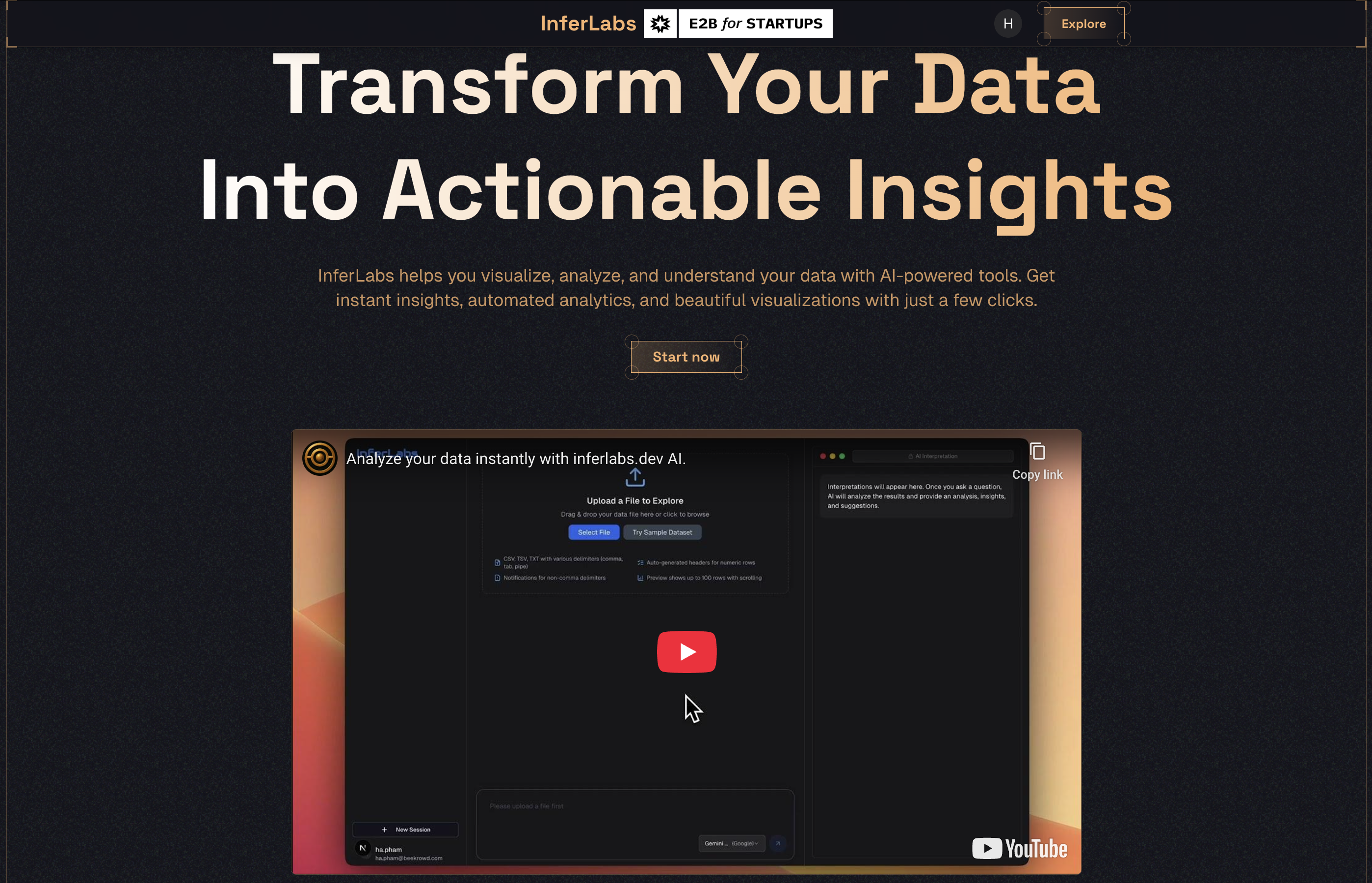 Screenshot of the InferLabs website, showcasing its AI-powered data analysis and visualization platform.