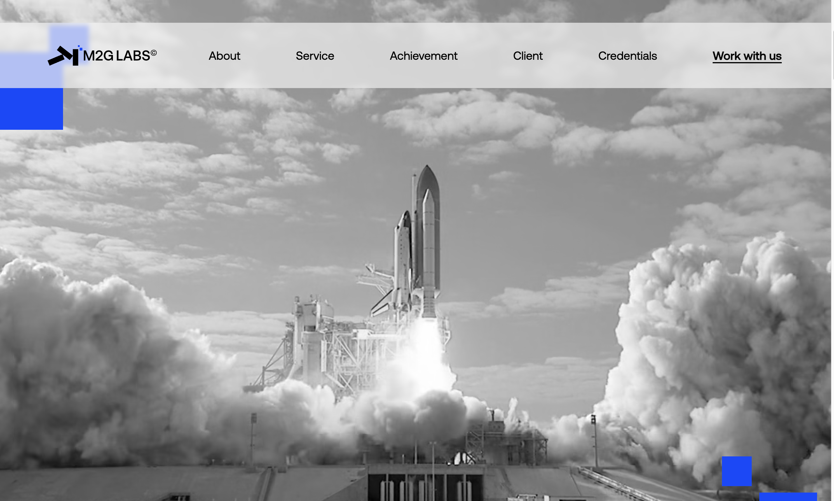 M2G Labs website visual with a space shuttle launch, symbolizing growth and innovation in Web3.